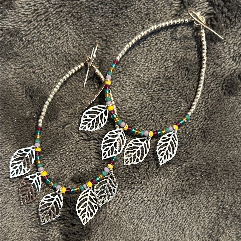 Boho Gold tone Leaf Hoop Earrings with Multicolor Beads